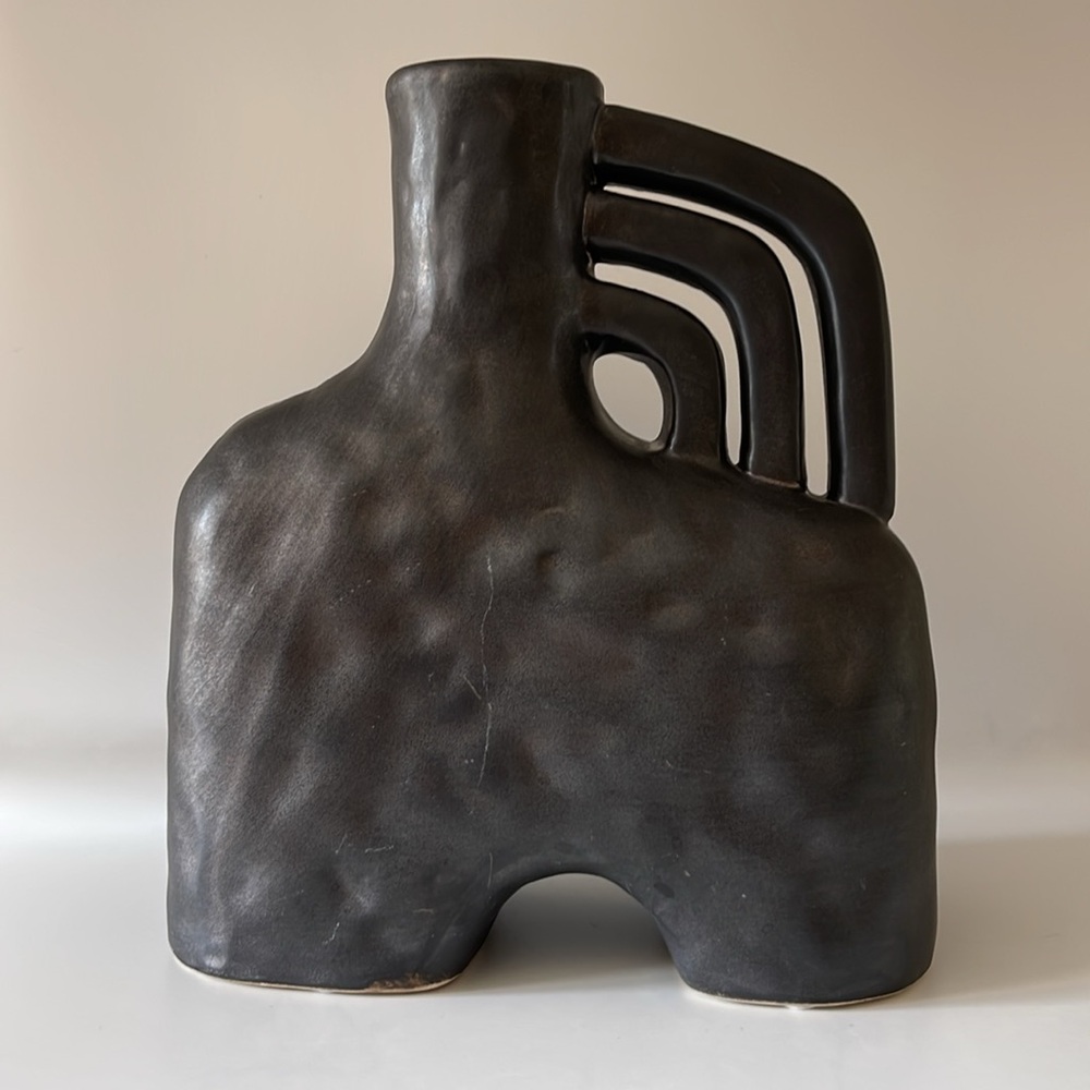 Unique Triple Handle Arch Ceramic Planter Vase, Black - Picture 2 of 10